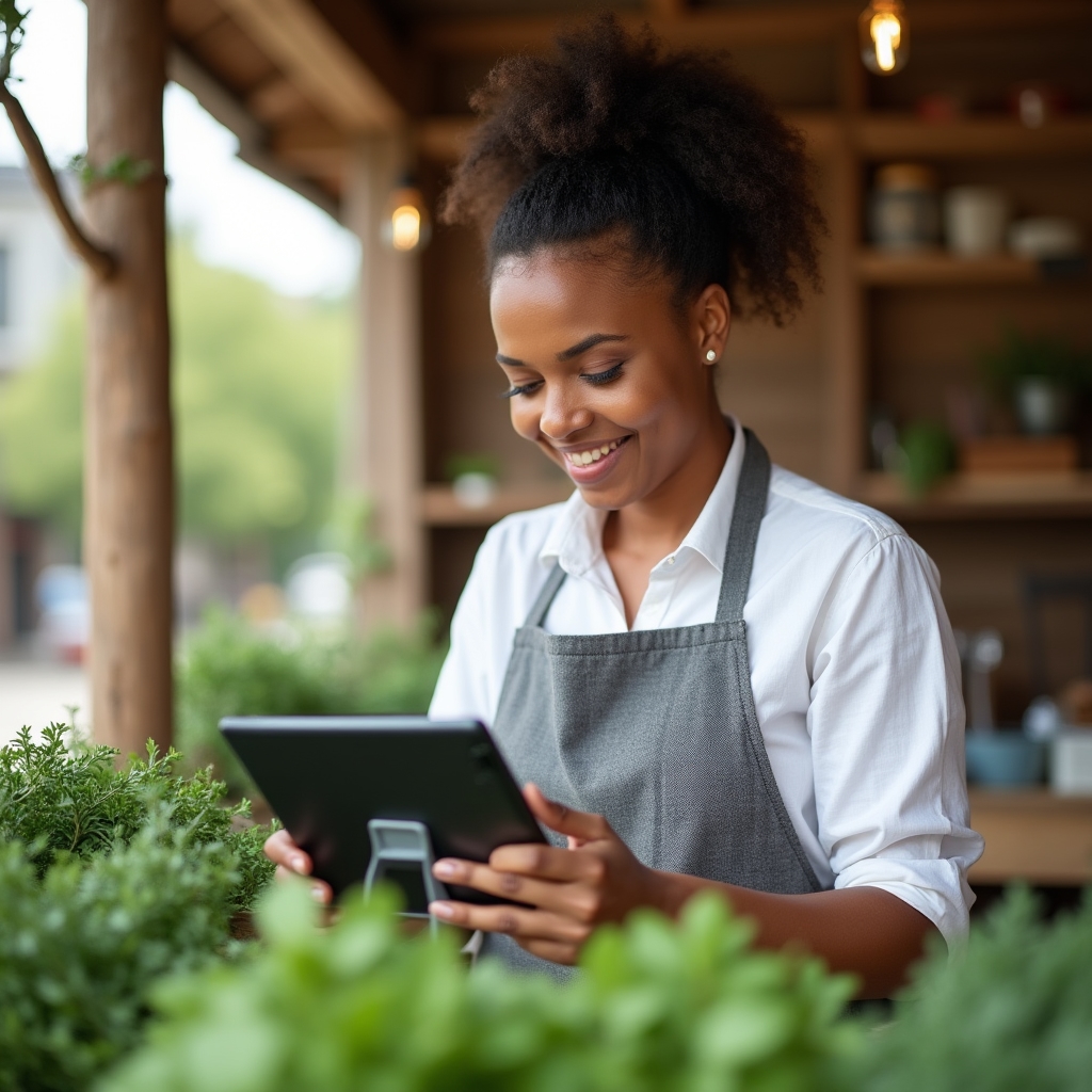 A market vendor at a wooden stall checking orders on a tablet, fresh herbs in the foreground