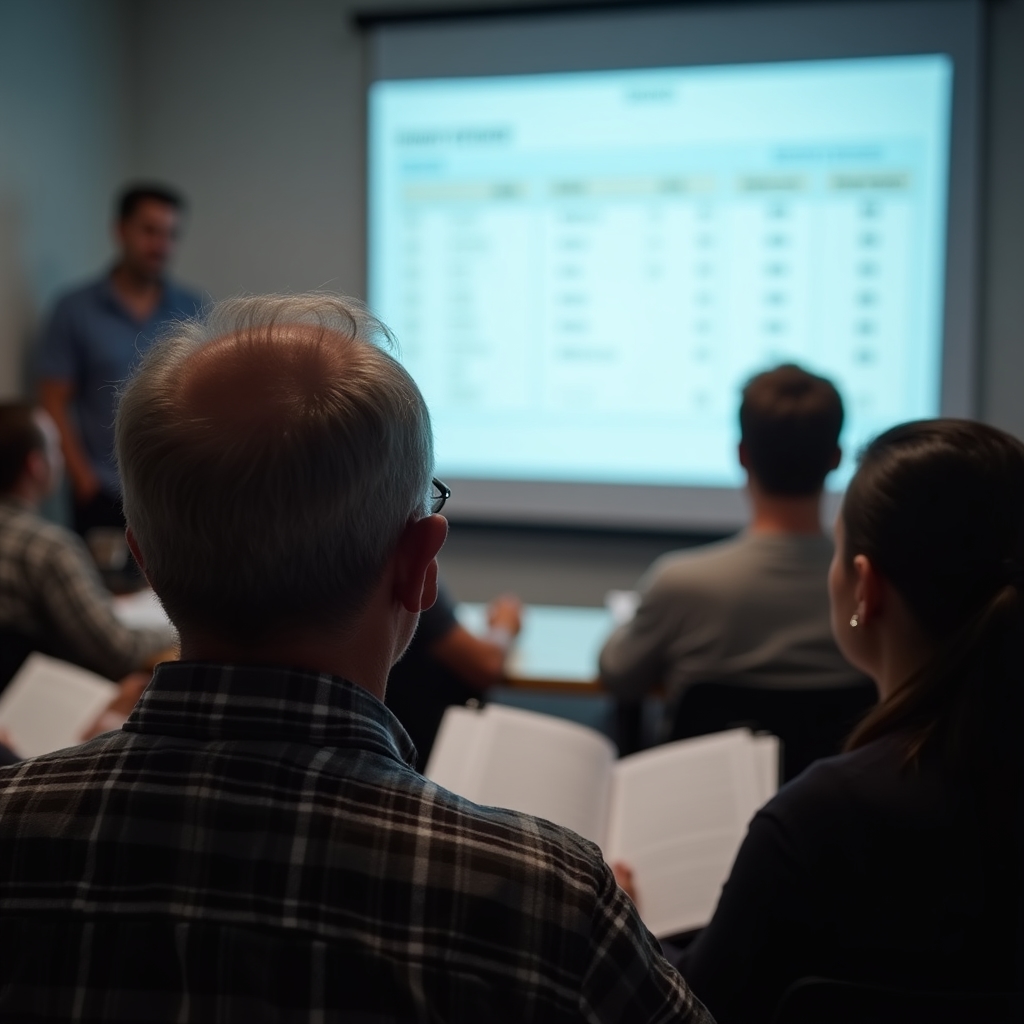 Group of farmers at a workshop, watching a projected screen showing a simple spreadsheet